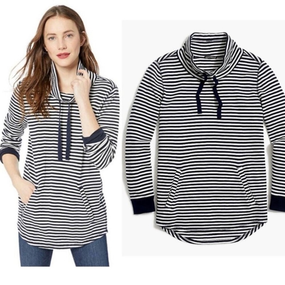 J. Crew Mercantile Waffle Funnel Neck Navy and White Striped Small Sweatshirt